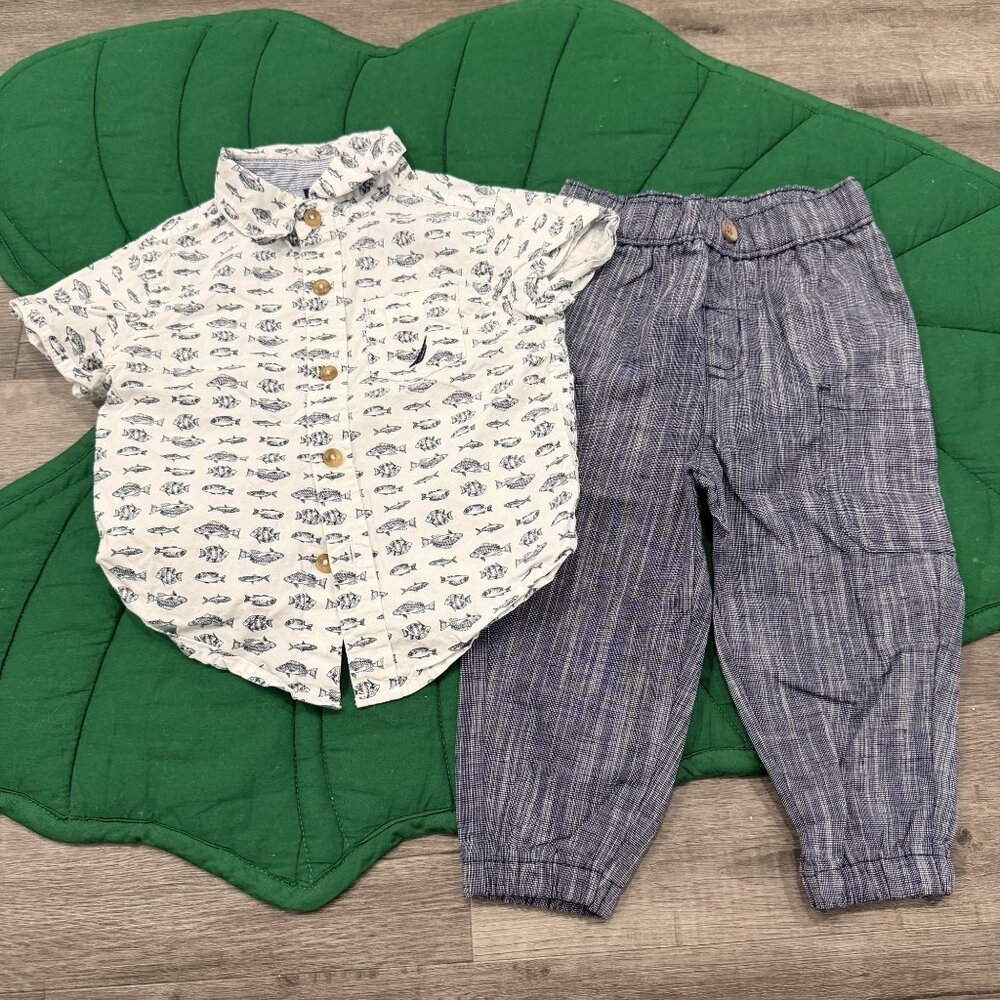 Nautica Toddler 12M Fish Print Short Sleeve Button Shirt Pants Set